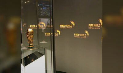 A FIFA World Cup trophy on display